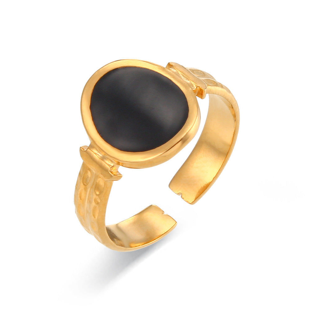 Fashionable Geometric Stainless Steel Ring with Enamel Black and White Sun Moon Star Design Three-Layer Open Band