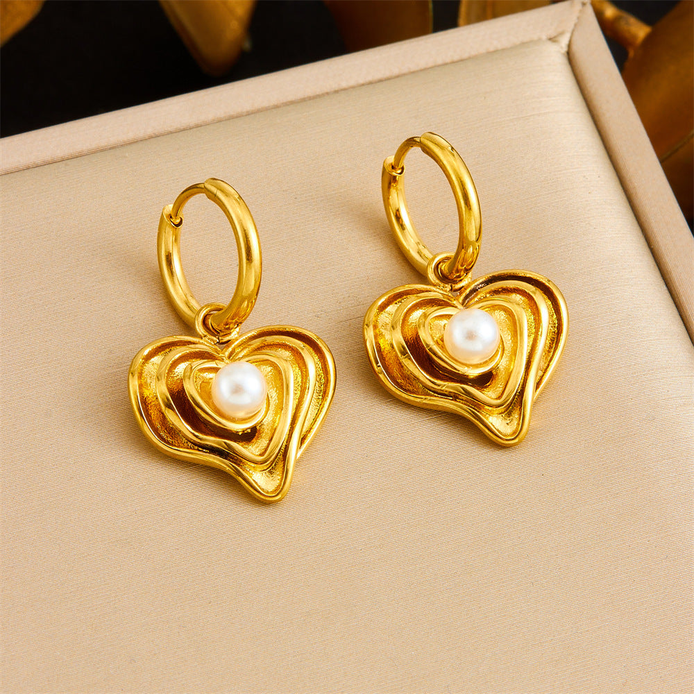 Vintage Gold Plated Heart Teardrop Stainless Steel Necklace and Earring Set with Turquoise and Pearl on Snake Chain for Women