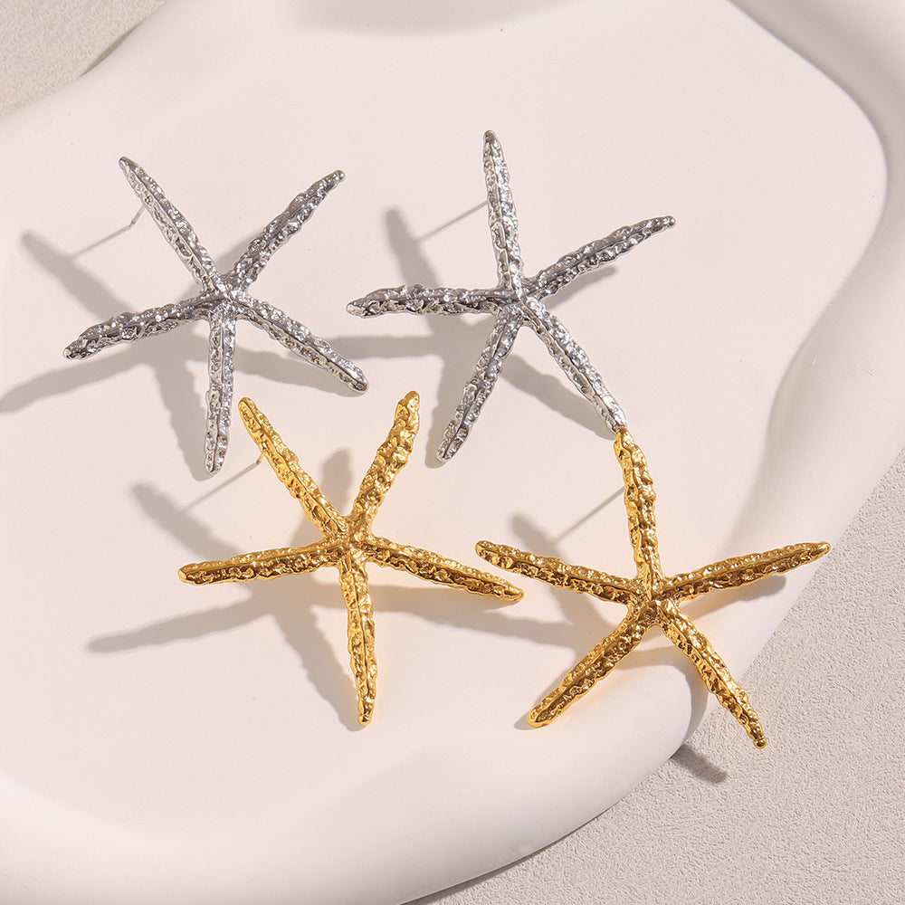 Minimalist Starfish-Shaped Stainless Steel Earrings with 18K Gold Plating and Hammered Texture for Women