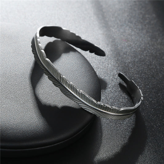 Vintage Minimalist Geometric Gold Plated Titanium Steel Feather Ring Bracelet for Unisex