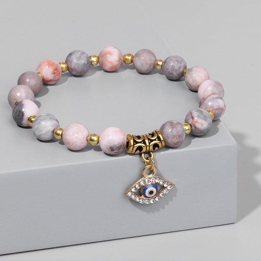 Vintage Minimalist Geometric Agate Beaded Bracelet with Evil Eye Pendant Unisex Jewelry