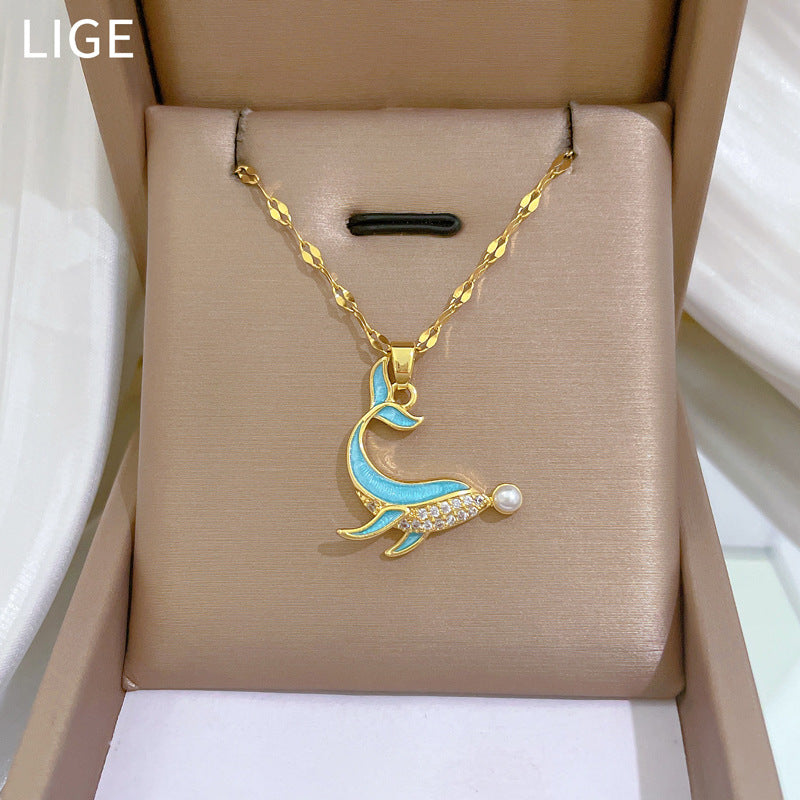 Luxury Dolphin Pendant Necklace with Zircon Inlay on Titanium Steel Chain for Women, Geometric Design, Delicate Clavicle Jewelry