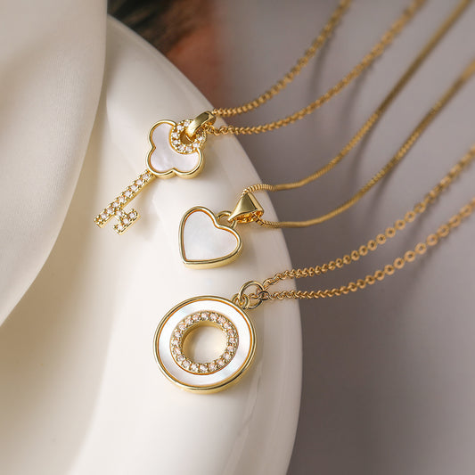 Minimalist Geometric White Abalone and Zircon Pendant Necklace in Copper with Gold Plating for Women