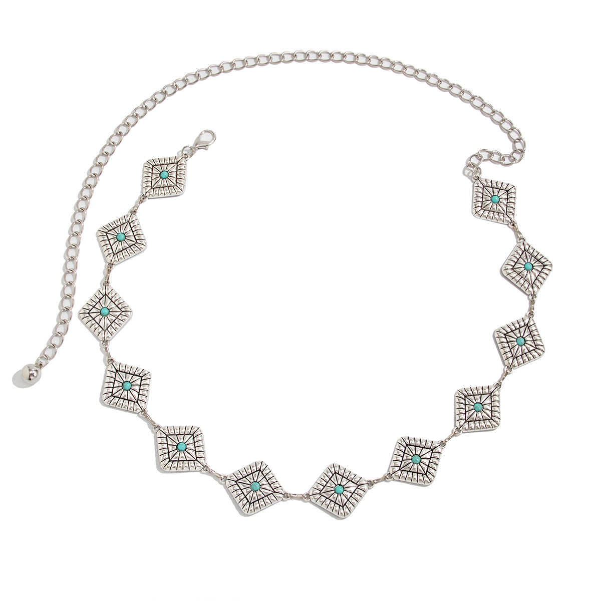 Cintura Vintage da Donna Bohemien in Turchese con Motivo Geometrico, Chiusura a Moschettone e Dettaglio Nappa
