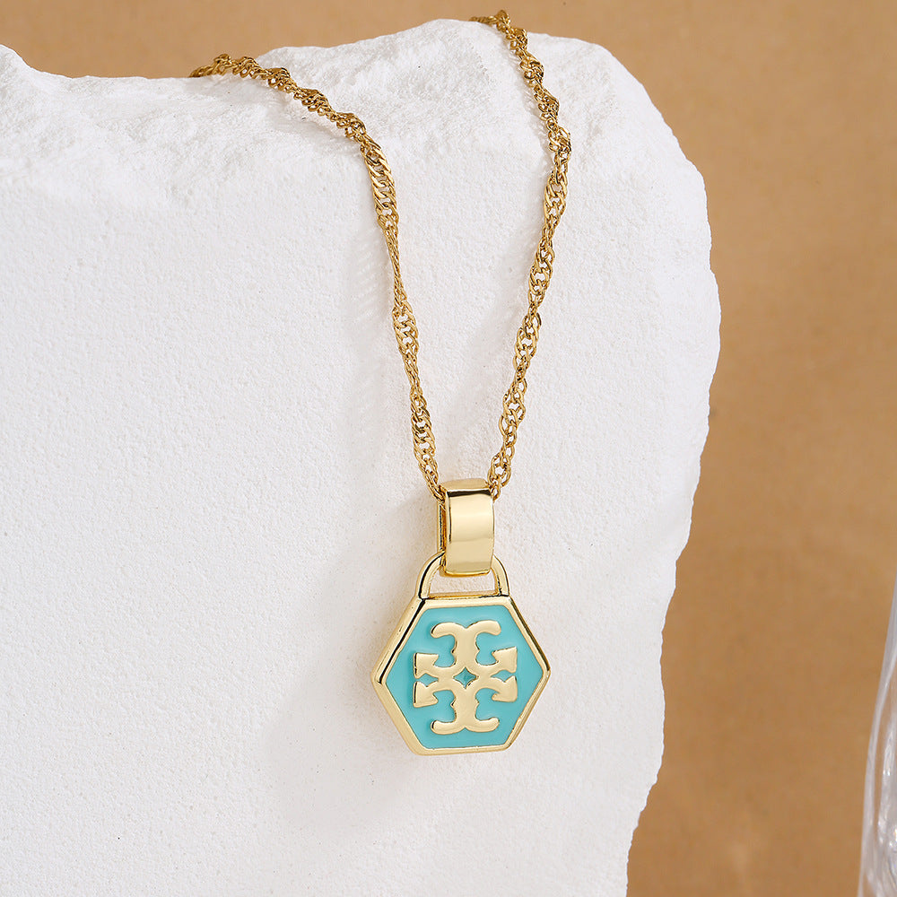 Minimalist Hexagonal Enamel Pendant Necklace for Women with Copper Base and Real Gold Plating