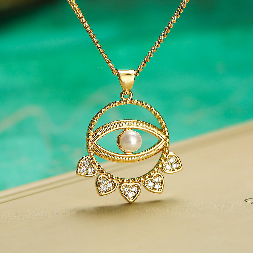 Minimalist Geometric Evil Eye Pendant Necklace for Women with Zircon and Pearl Accents on Copper Chain