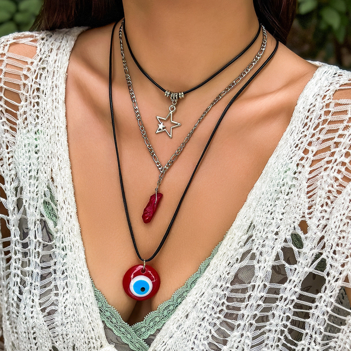 Collana vintage a U con perline in lega con occhio di Allah e perla da donna
