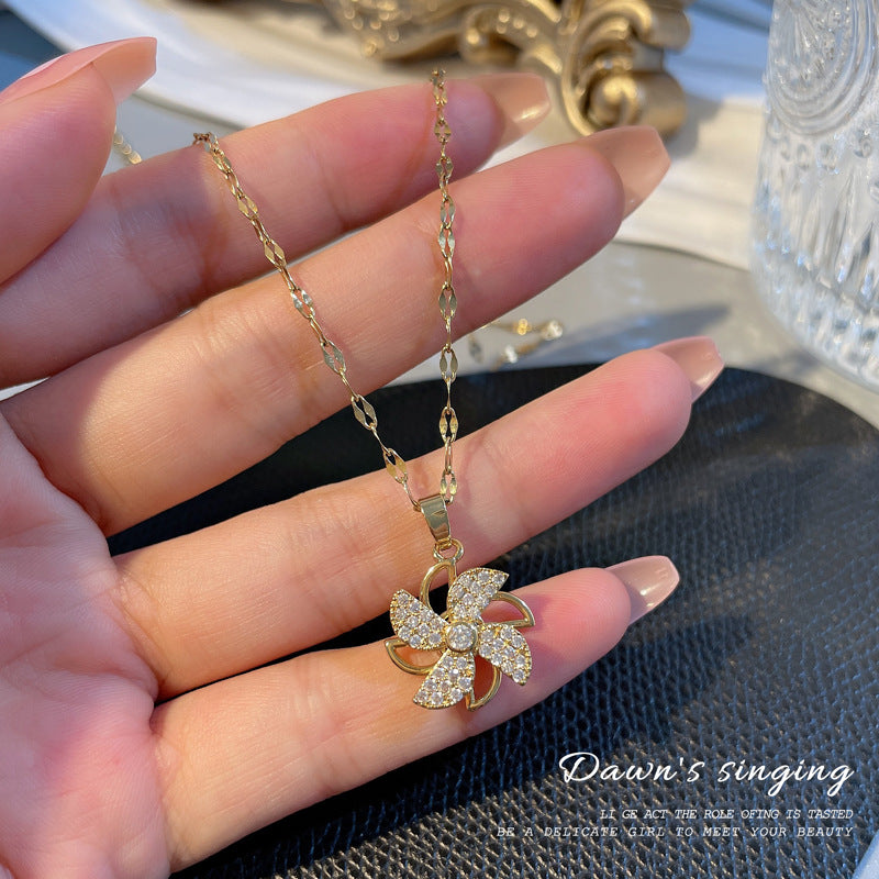 Minimalist Geometric Titanium Steel Necklace with Gold Plated Brass Pendant and Rhinestone Inlay