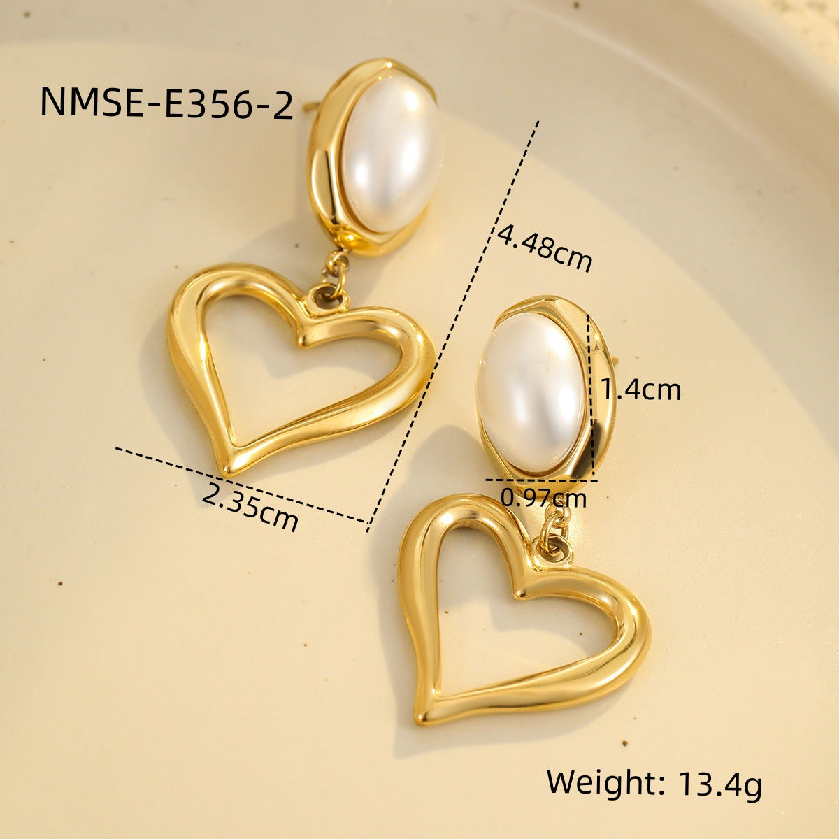 Pendientes con forma de corazón de estilo francés vintage, de acero inoxidable con baño de oro de 18 quilates e incrustaciones de piedra natural