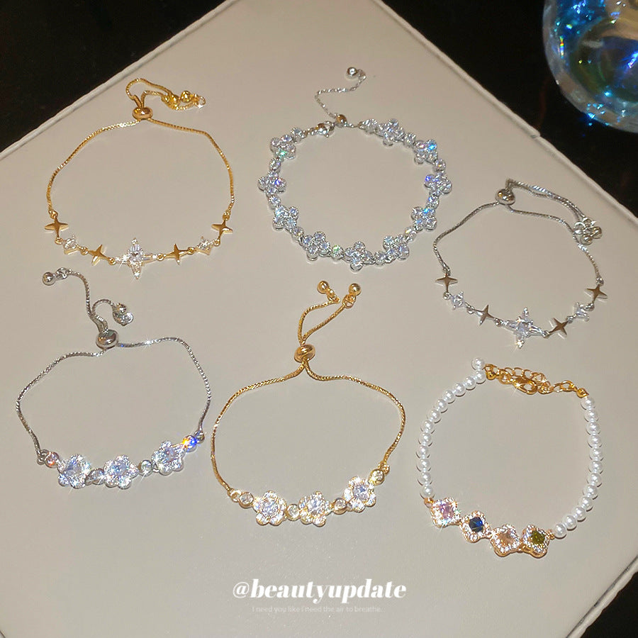Bracciale in Rame con Zirconi a Forma di Fiore e Stella, Lussuoso, da Donna, dallo Stile Elegante per Ogni Giorno