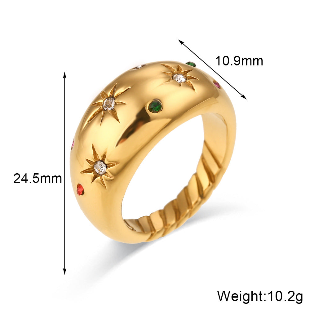 Anello da donna a stella con geometria alla moda in acciaio inossidabile placcato oro 18K con intarsio di strass colorati