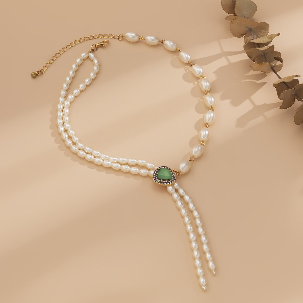 Vintage Elegant Heart Shape Alloy Plated Imitation Pearl Tassel Necklace with Ball Chain for Women