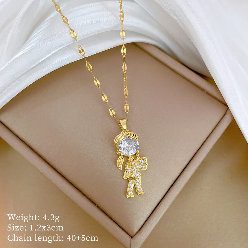 Collana con ciondolo a luna geometrica minimalista per donna e uomo in acciaio al titanio con intarsio di strass e delicata catena a medaglione