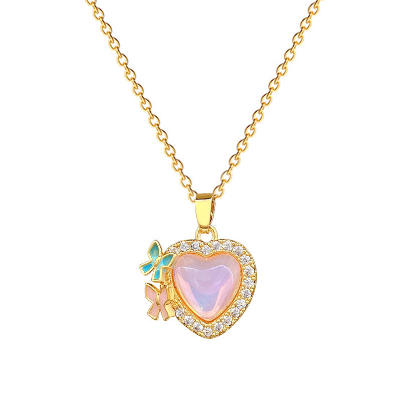 Sweet Colorful Heart Butterfly Geometric Rhinestone Pendant Titanium Steel Necklace for Unisex