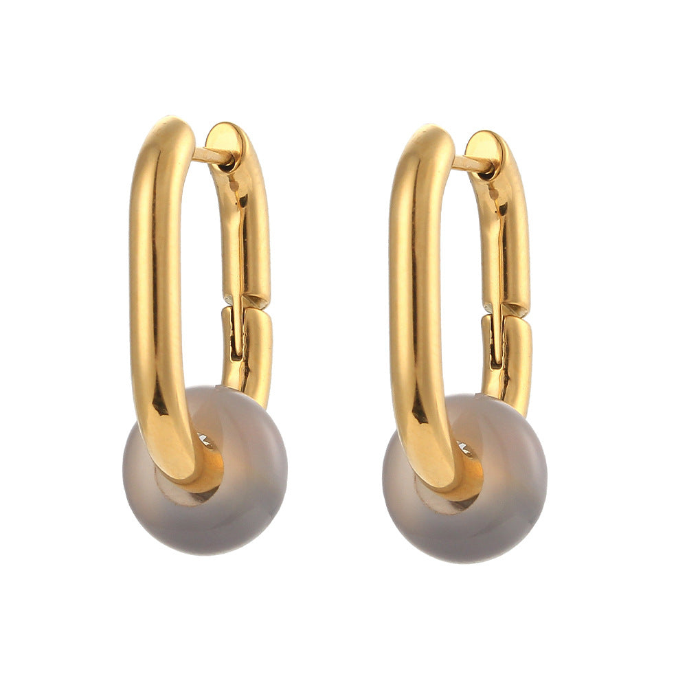 Vintage-Inspired Geometric Stainless Steel Earrings with 18K Gold Plating and Natural Sunstone Cat's Eye Accents for Women