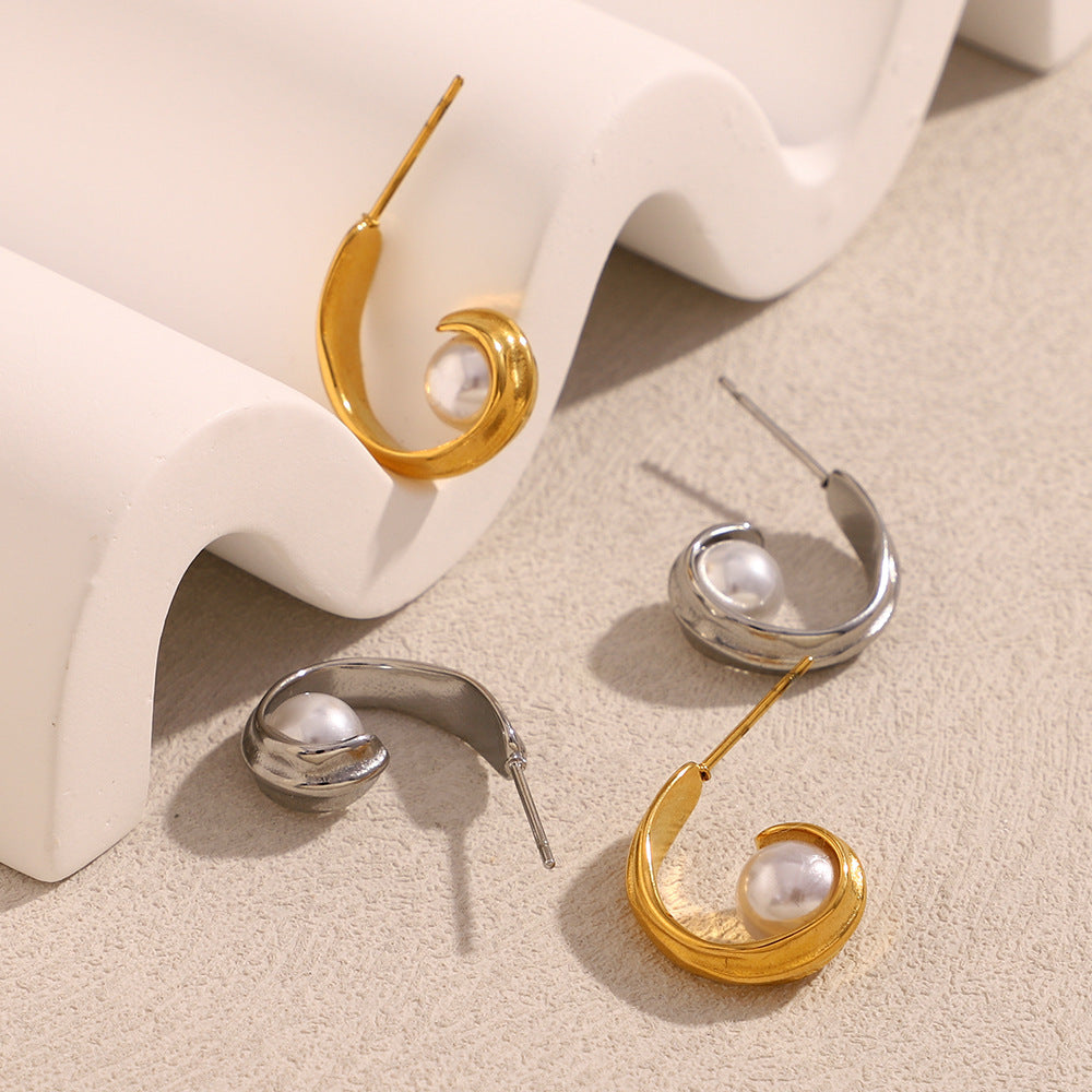 Fashion Minimalist Geometric Stainless Steel Earrings with 18K Gold Plating and Pearl Accents