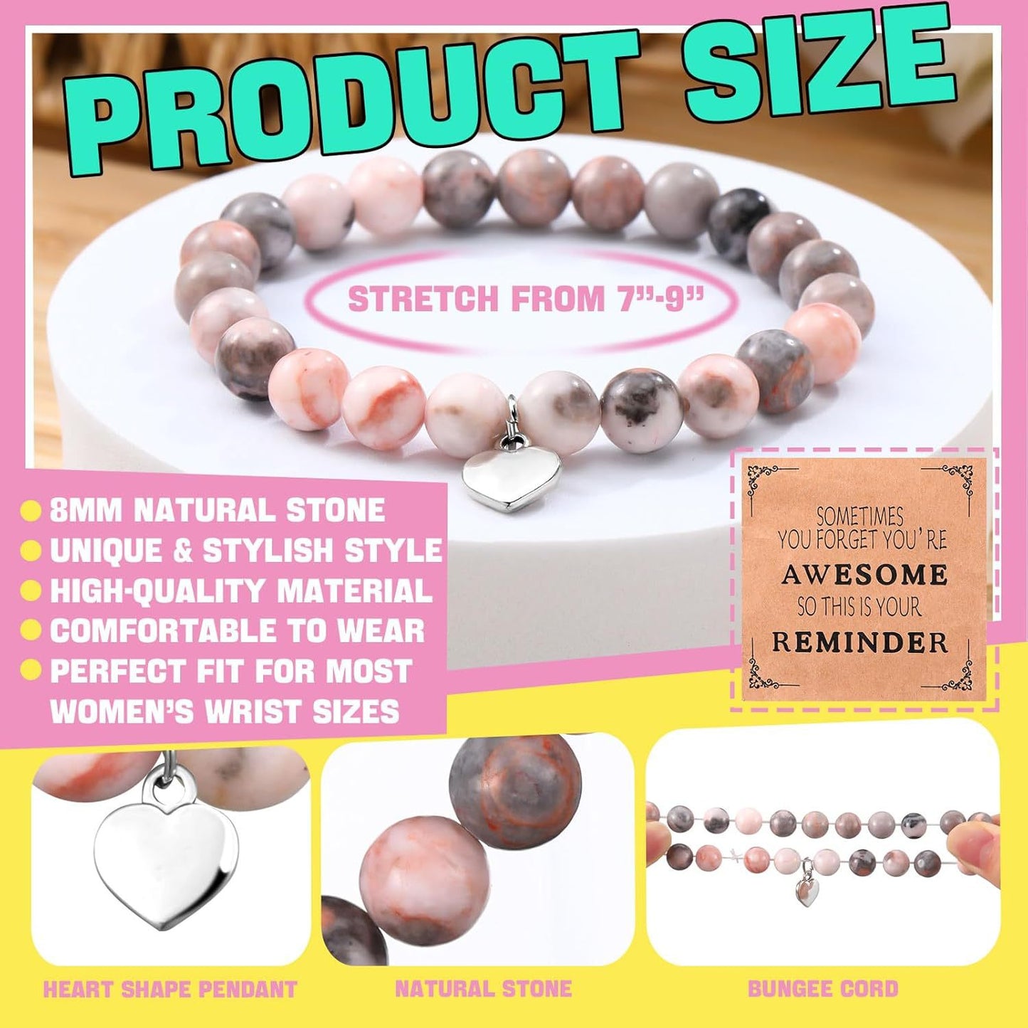 Sweet Natural Pink Zebra Print Crystal Heart Pendant Beaded Bracelet Set Unisex