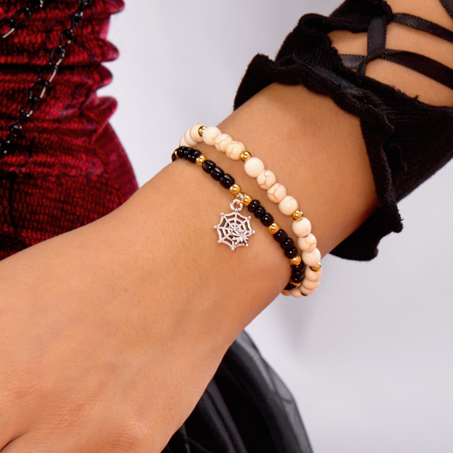 Pulsera con abalorios de araña y calabaza de Halloween gótica oscura para mujer, diseño geométrico de aleación, joyería hecha a mano