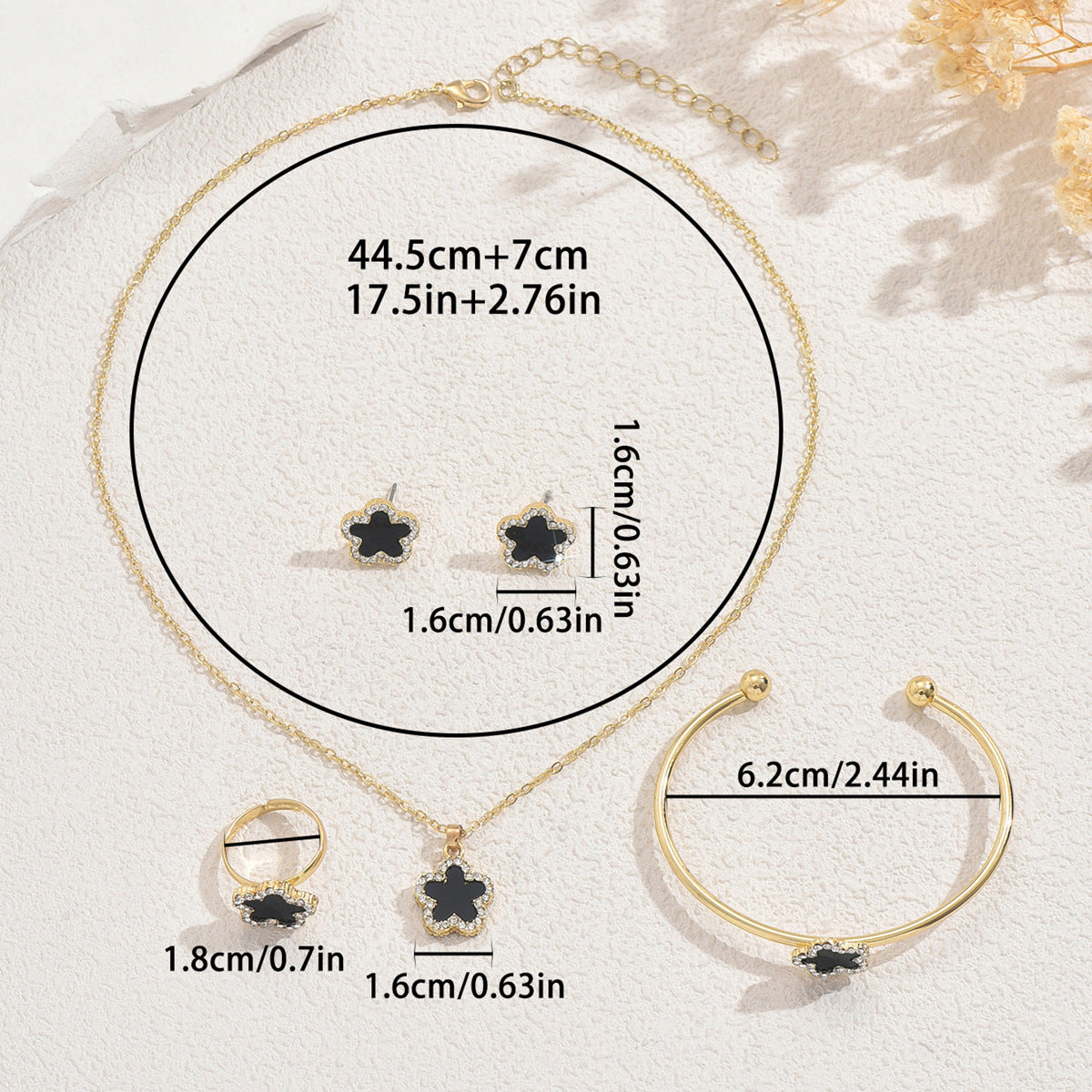 Elegant Plum Blossom Design Alloy Necklace Bracelet Earrings and Ring Set with Rhinestone Inlay for Women