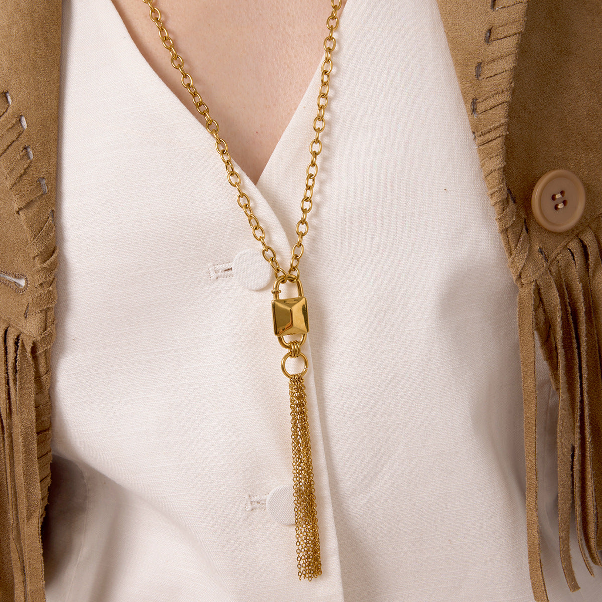 Conjunto de Collar y Pulsera Minimalista de Acero de Titanio Geométrico con Acabado Chapado para Mujer