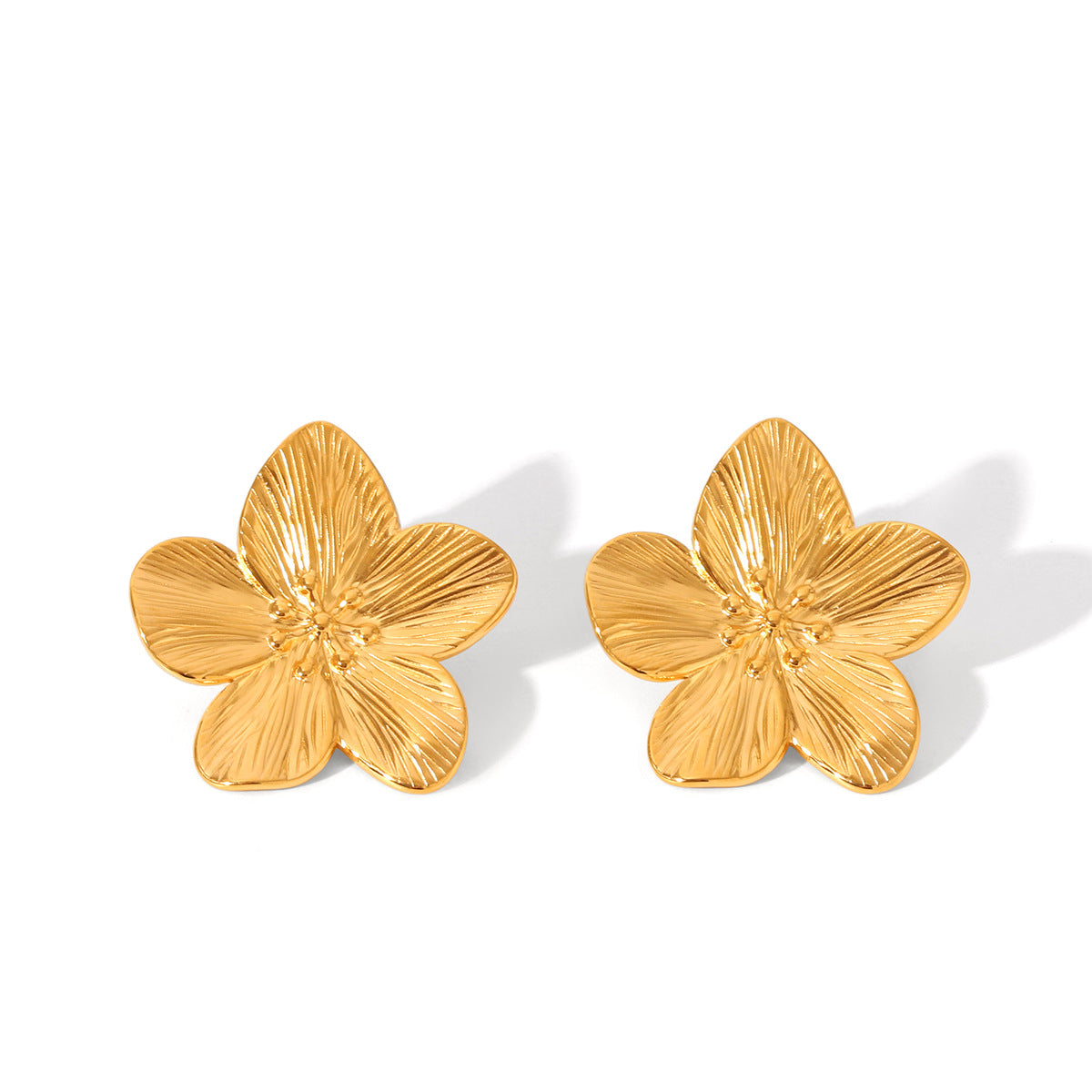 Fashion 18K Gold Plated Textured Five-Petal Flower Stainless Steel Jewelry Set for Women