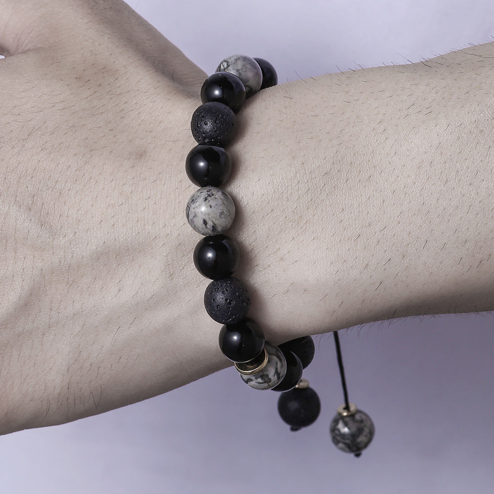 Casual Handmade Round Obsidian Volcanic Stone Beaded Bracelet 10mm Geometric Unisex Jewelry