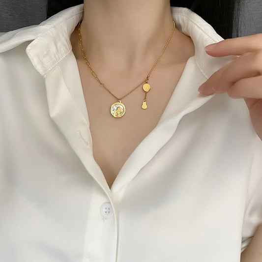 Minimalist Geometric Titanium Steel Necklace with Rhinestone Inlay and O-Chain for Women