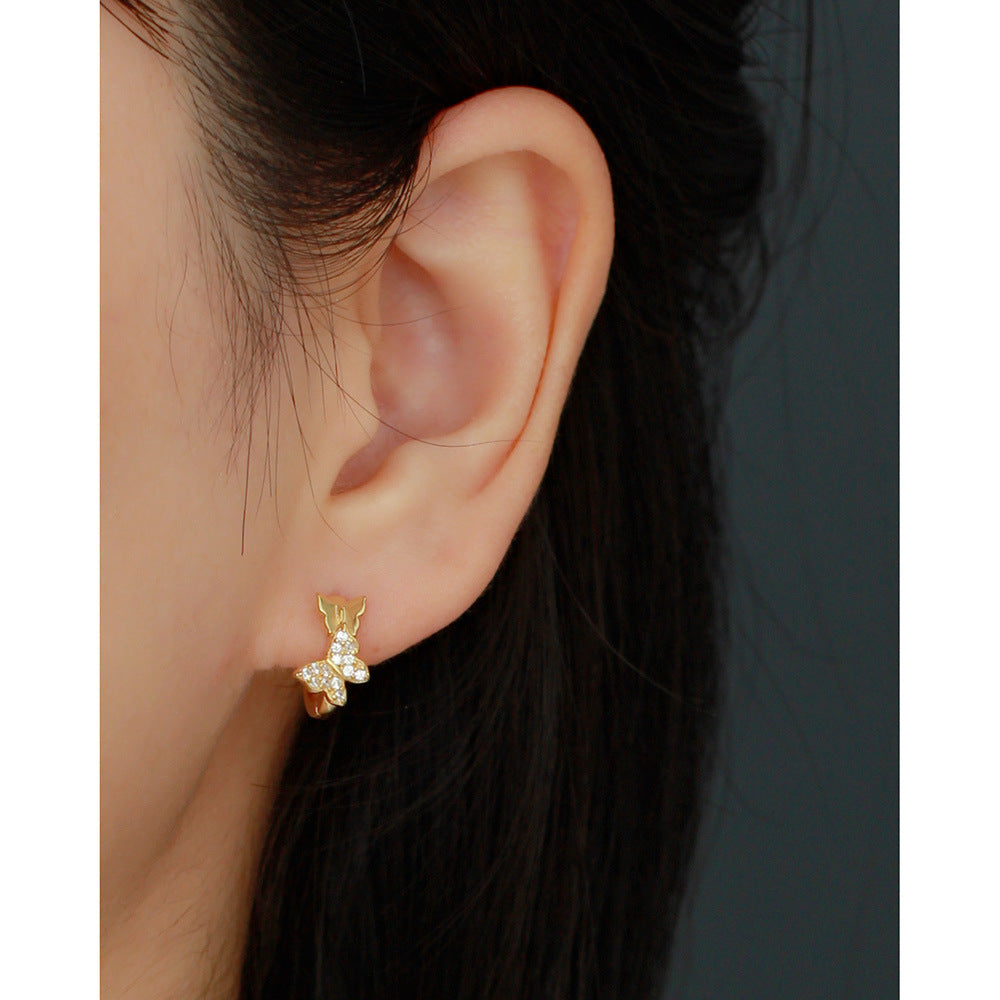 Sweet-Edgy Butterfly-Shaped S925 Sterling Silver Stud Earrings with Rhinestone Inlay for Women