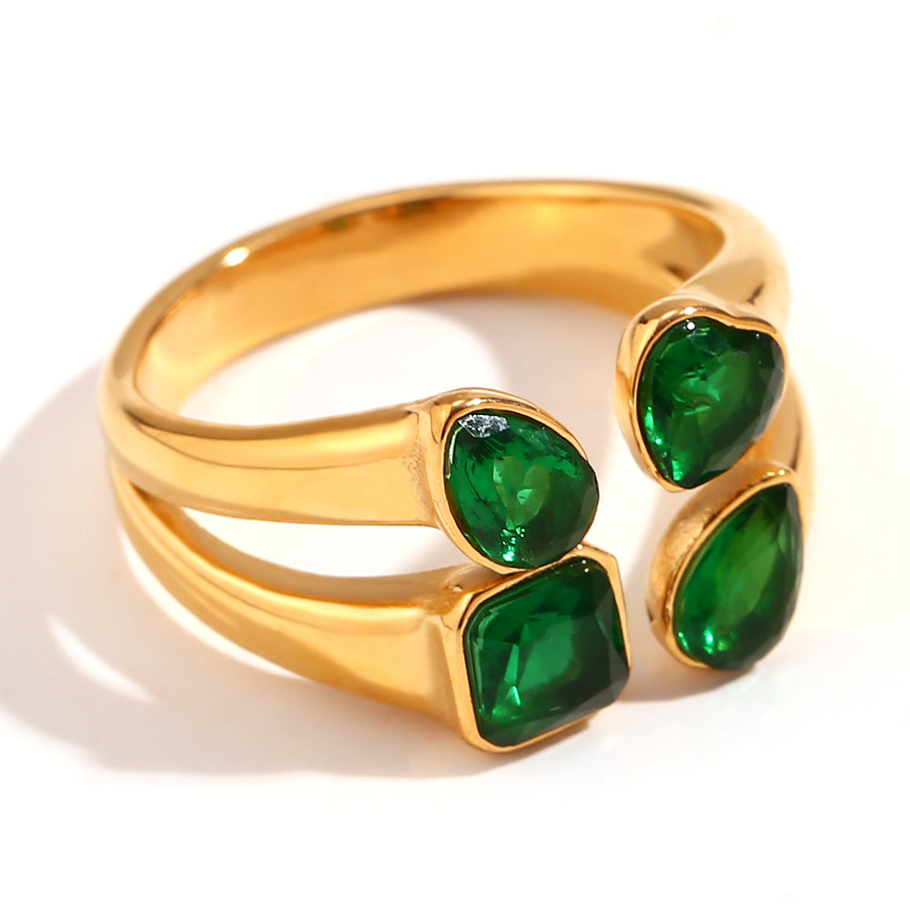 Minimalist Heart-Shaped Stainless Steel Ring with 18K Gold Plating and Double-Layer Open Band Featuring Cubic Zirconia Droplet Accents