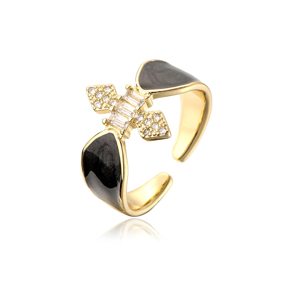 INS Style Geometric Open Ring for Women Made of Copper with 18K Gold Plating Micro-Pave Zirconia and Enamel Finish