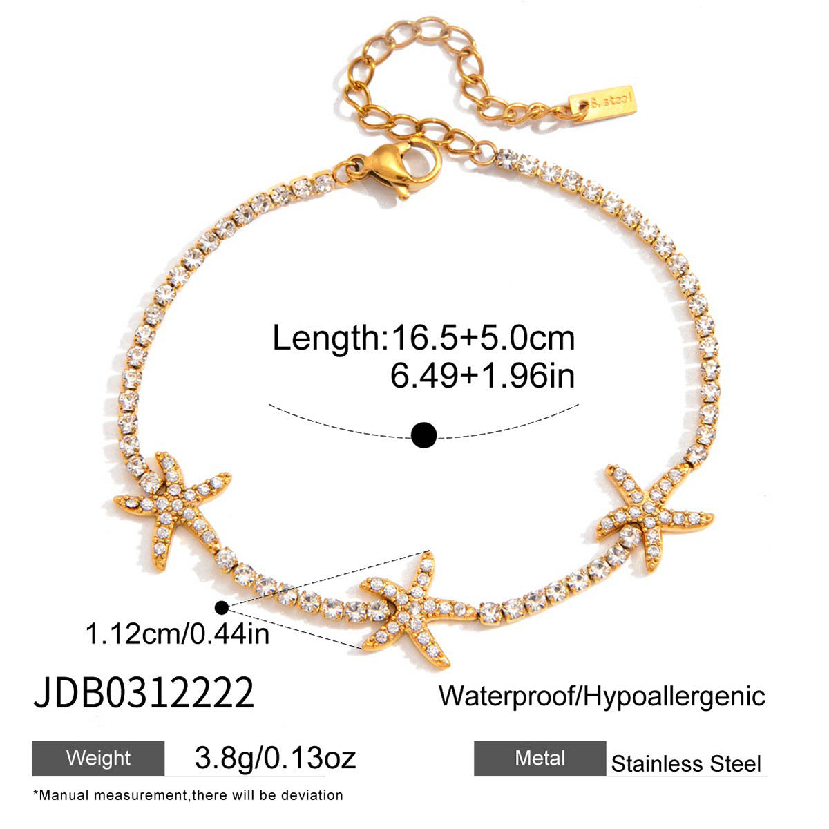 Elegant Minimalist Starfish Stainless Steel Plated Cubic Zirconia Bracelet for Women