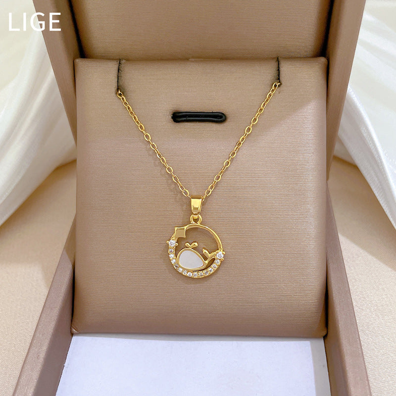 Luxury Fresh Geometric Shell Whale Circle Necklace for Women and Men Stainless Steel Chain with Rhinestone Inlay