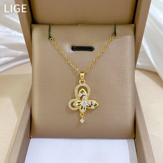 Delicate Butterfly Pendant Necklace for Women Stainless Steel Double Layer Hollow Design with Rhinestone Accents Elegant Clavicle Chain