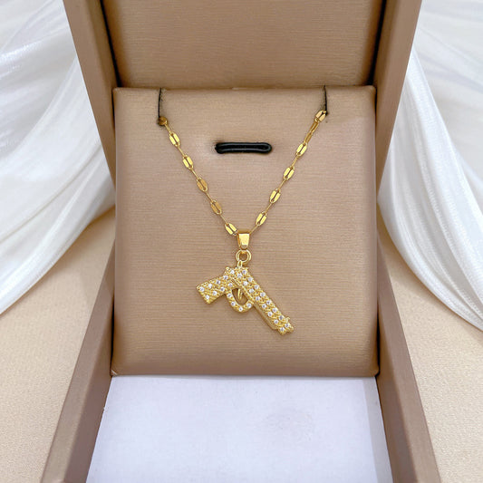 Collar con colgante de pistola de halcón geométrico minimalista para mujeres y hombres de acero de titanio con detalles de diamantes de imitación en cadena de acero de titanio