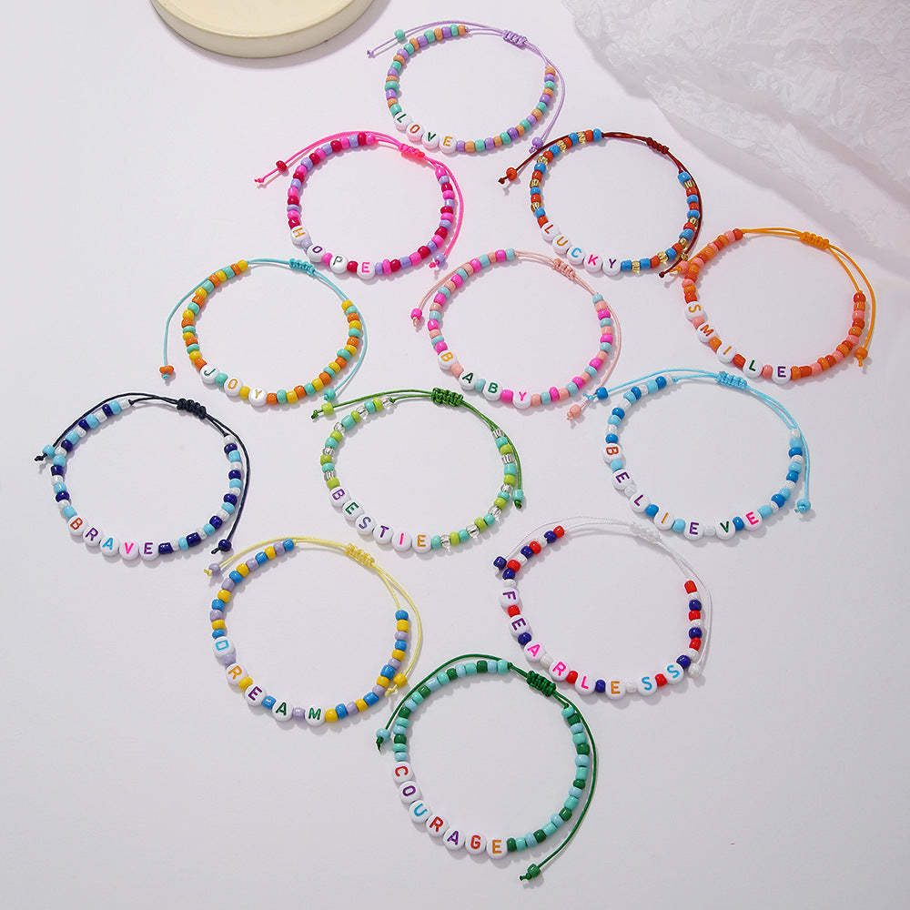 Macaron Color Letter Acrylic Beaded Bracelet Adjustable Woven Handmade Jewelry