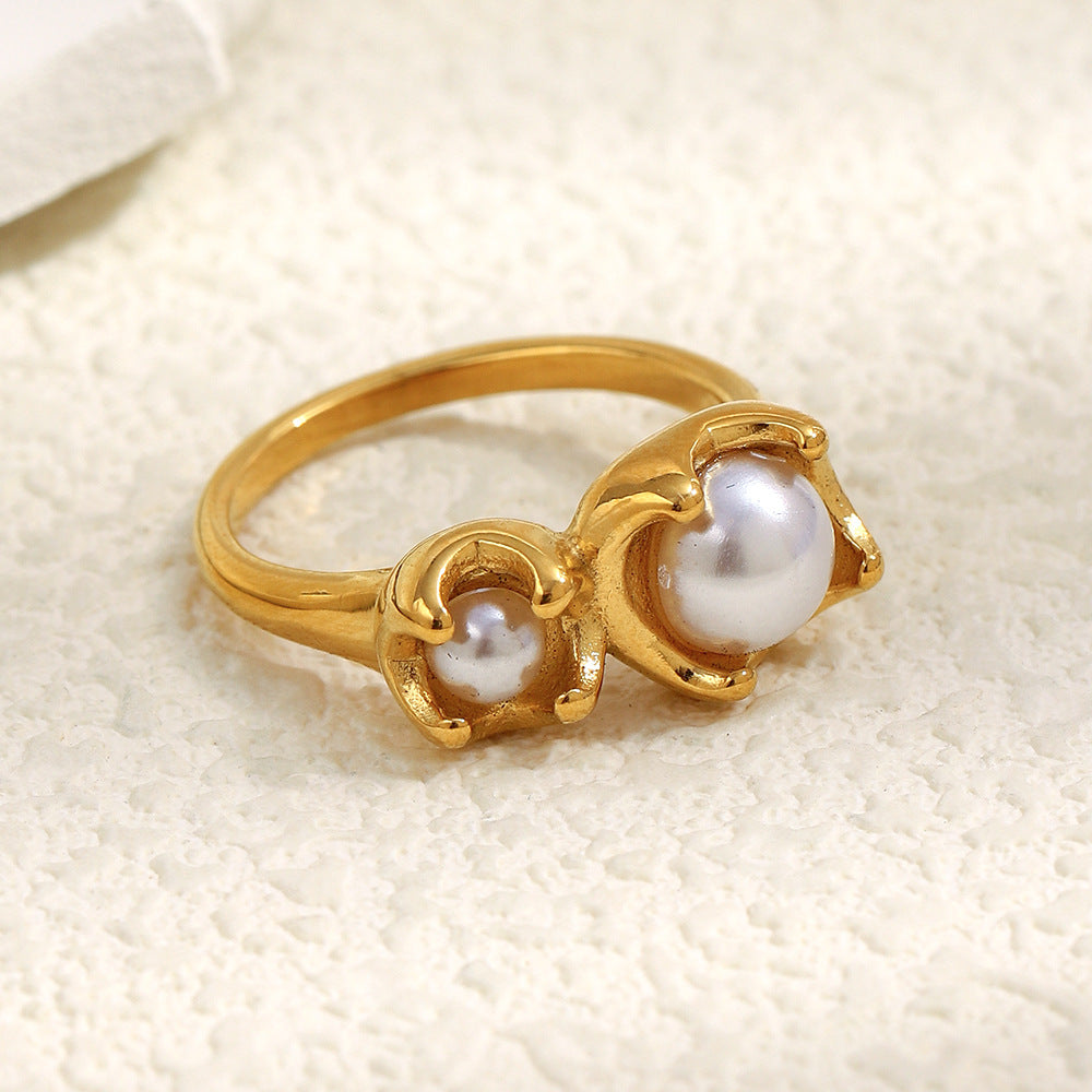 Anello da donna di lusso in acciaio inossidabile con motivo floreale geometrico, placcatura in oro 18 carati e perle simulate