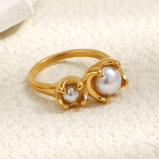 Anillo de acero inoxidable geométrico floral de lujo con baño de oro de 18 quilates y detalles de perlas simuladas para mujer