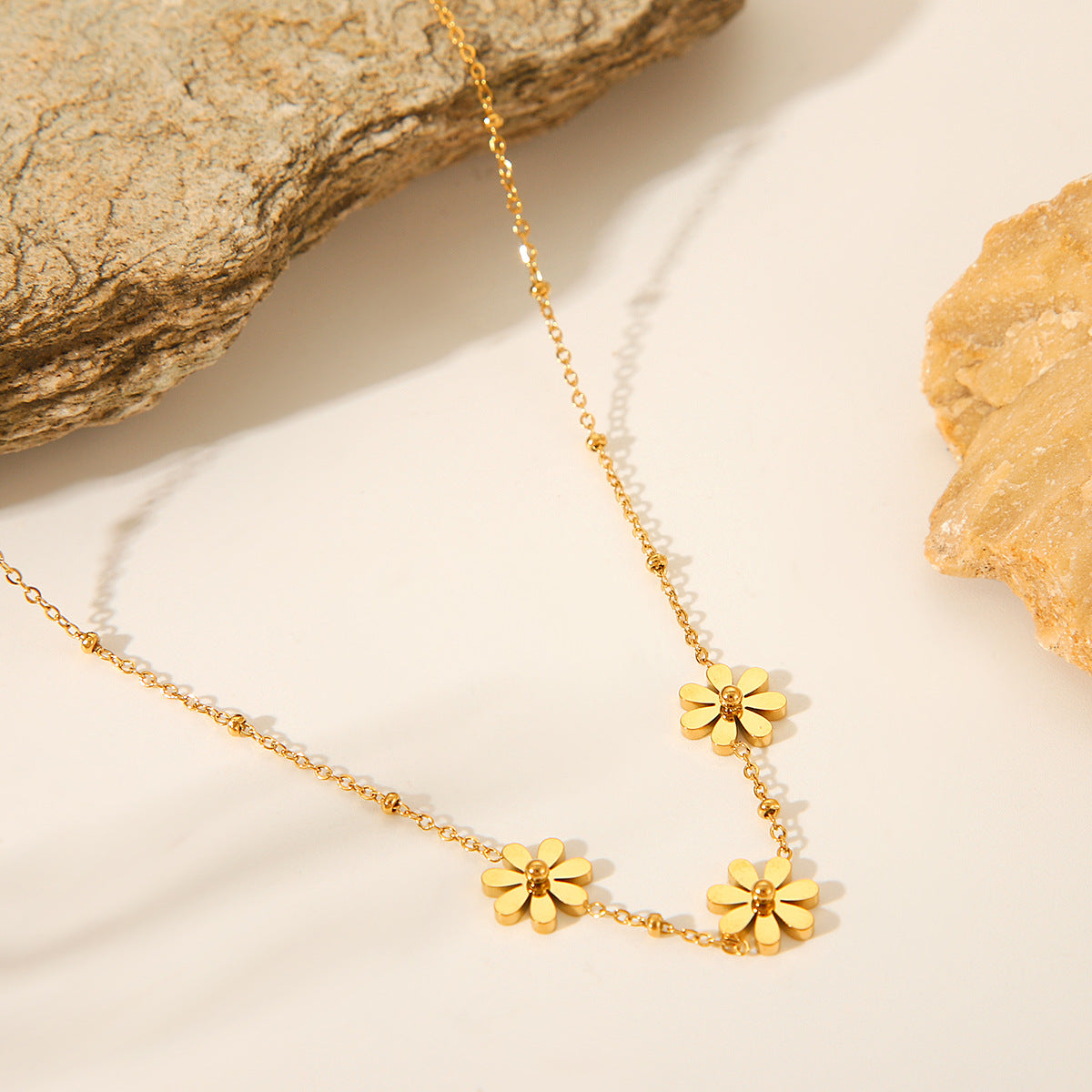 Minimalist Sunflower and Daisy Pendant Necklace for Women in Stainless Steel with Titanium Steel Accents, Electroplated Finish, O-Chain Design