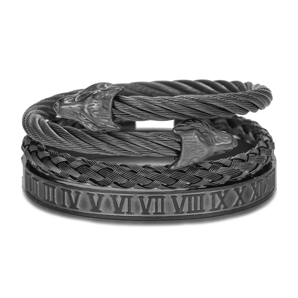 Fashion Round Letter Wolf Head Plated Titanium Steel Stainless Steel Woven Open Cuff Bracelet Set for Unisex