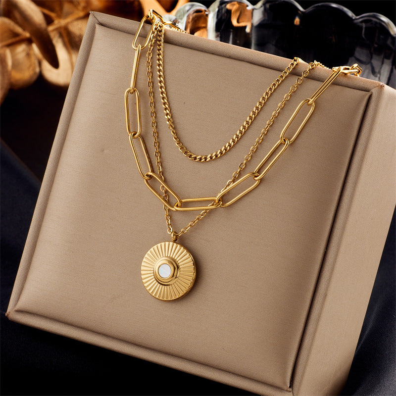 Vintage Luxury Gold Plated Heart Butterfly Round Stainless Steel Necklace with Pearl Multi-Layer