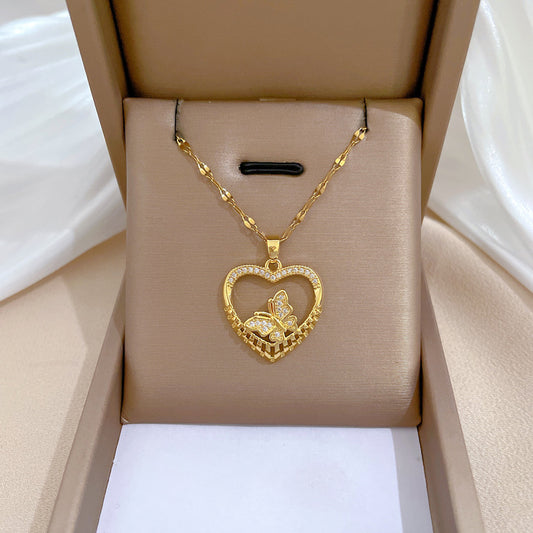 Collana con ciondolo a farfalla minimalista a cuore vuoto per donna in acciaio inossidabile delicata catena per clavicola con accenti di strass