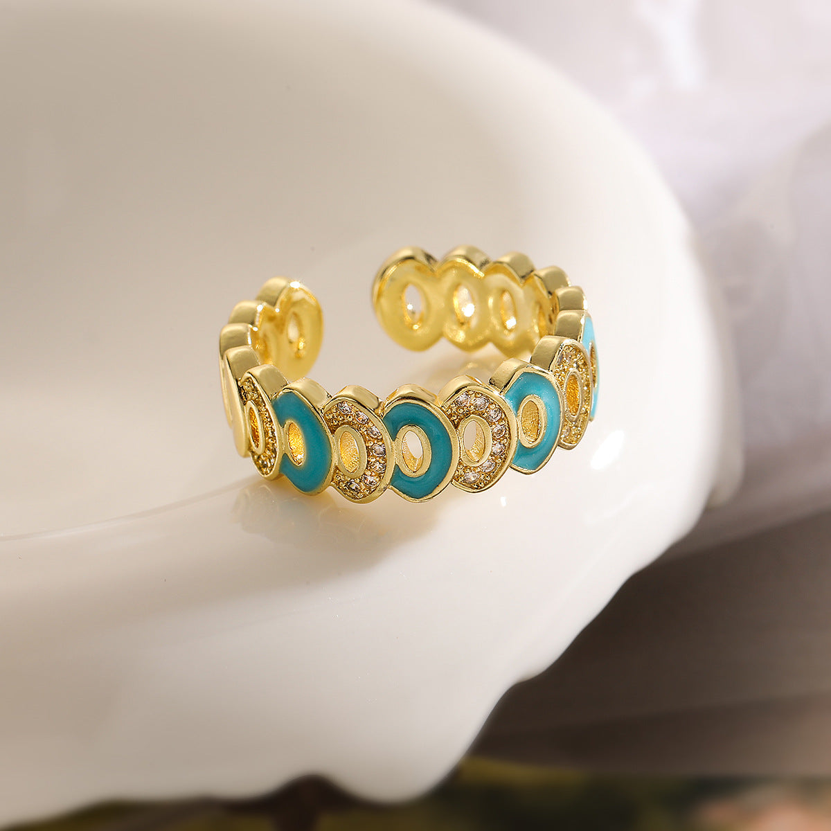 Bohemian Style Geometric Open Ring for Women Made of Copper with Real Gold Plating and Zircon Inlay with Enamel Finish