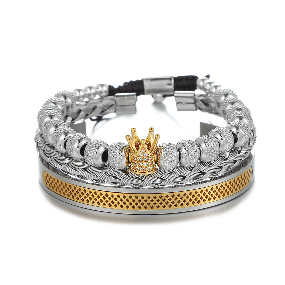 Geometric Crown Copper Inlaid Cubic Zirconia Titanium Steel Stainless Steel Mesh Cuff Bracelet Set