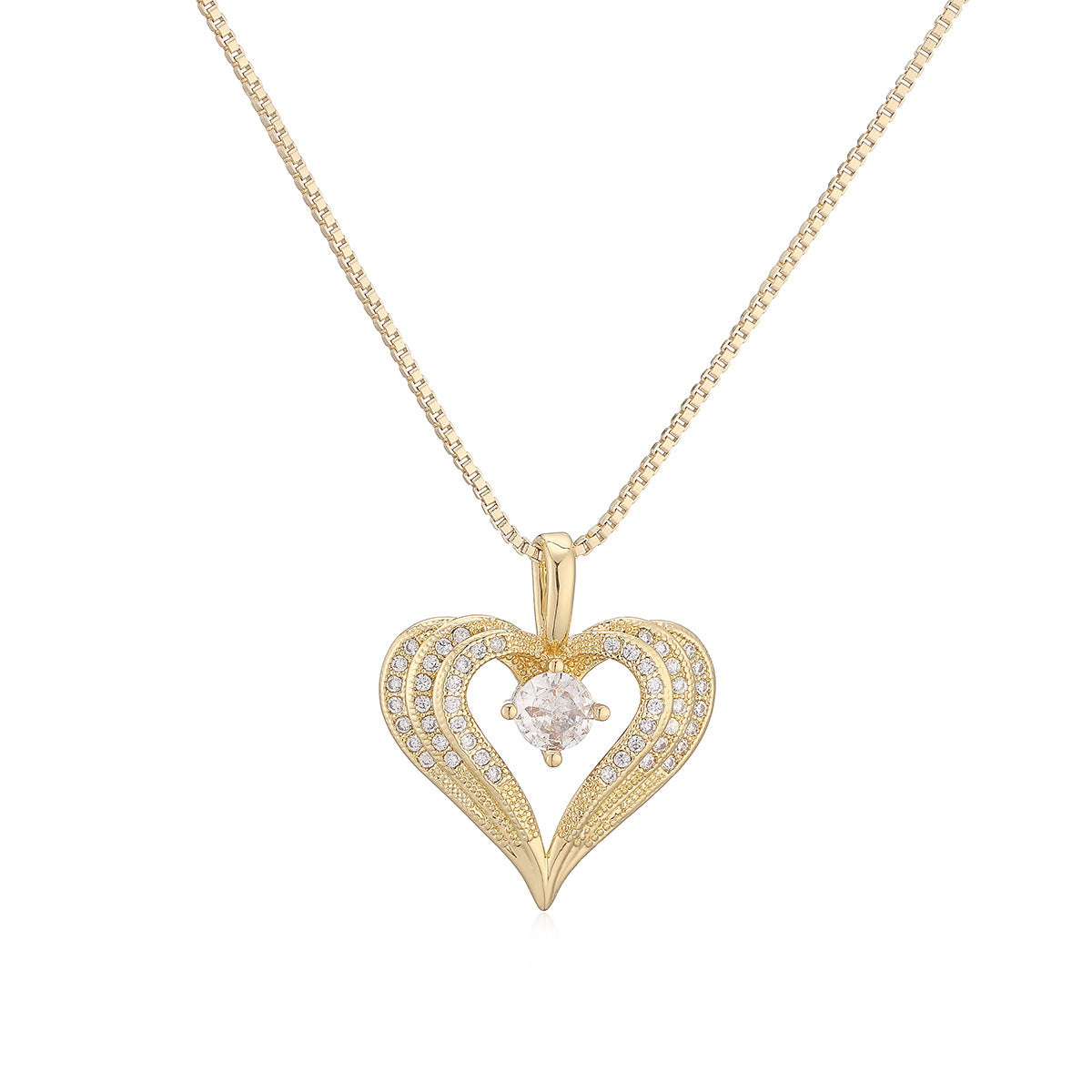 Minimalist Elegant 18K Gold Plated Brass Heart Cubic Zirconia Pendant Necklace for Women