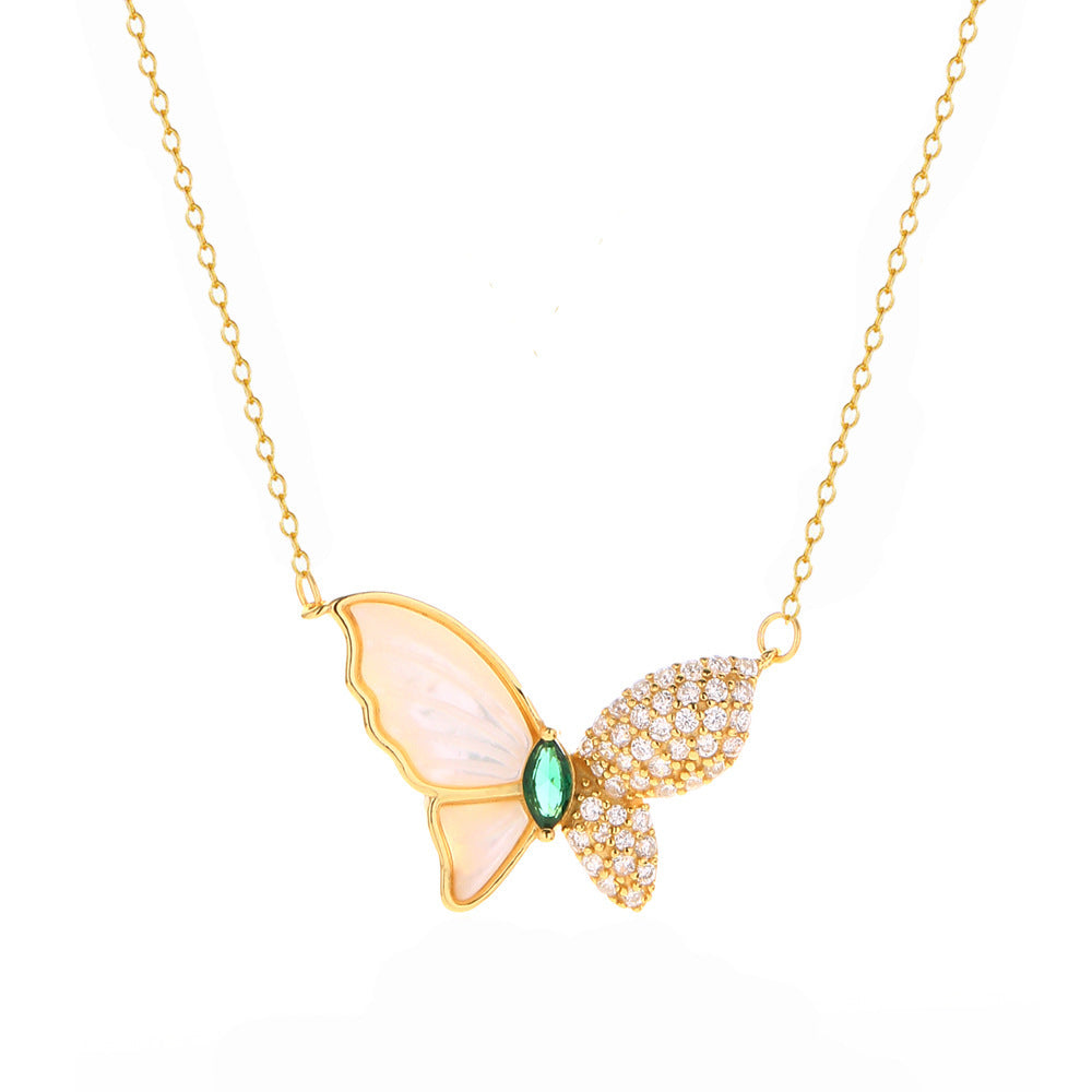 Elegant 925 Sterling Silver Plated Butterfly Mother of Pearl Pendant Necklace Curb Chain for Women