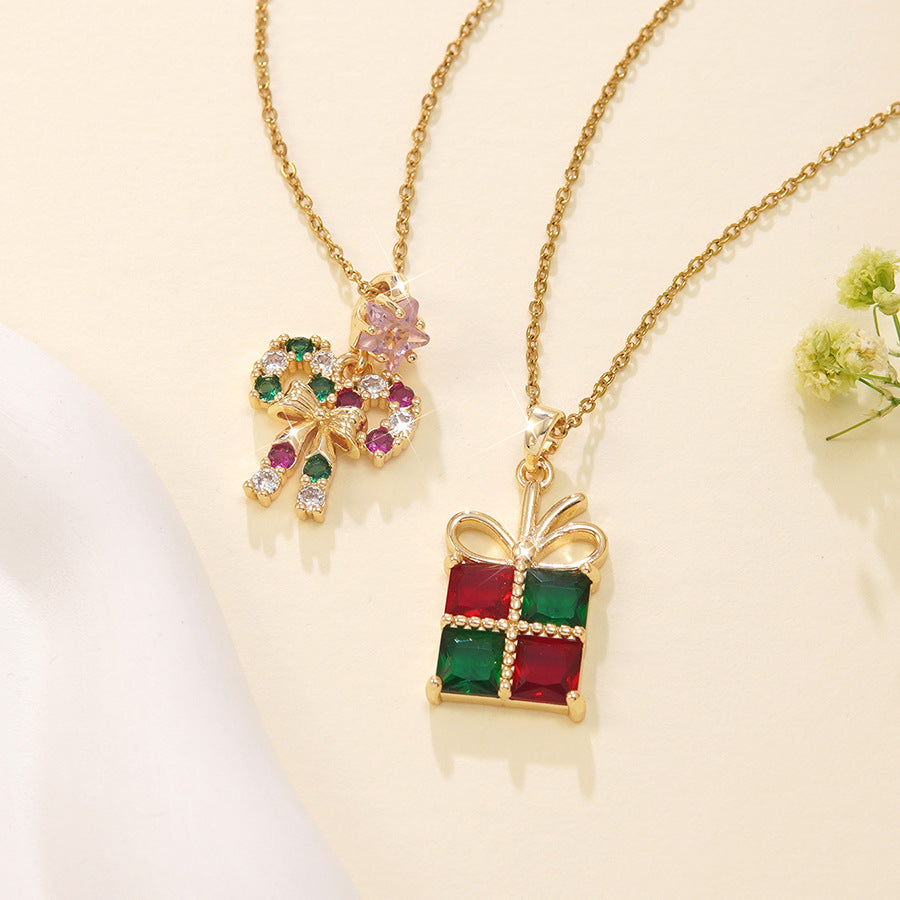 Luxury Stainless Steel Christmas Tree Snowman Bow Necklace with Glass Inlay Brass Pendant for Women