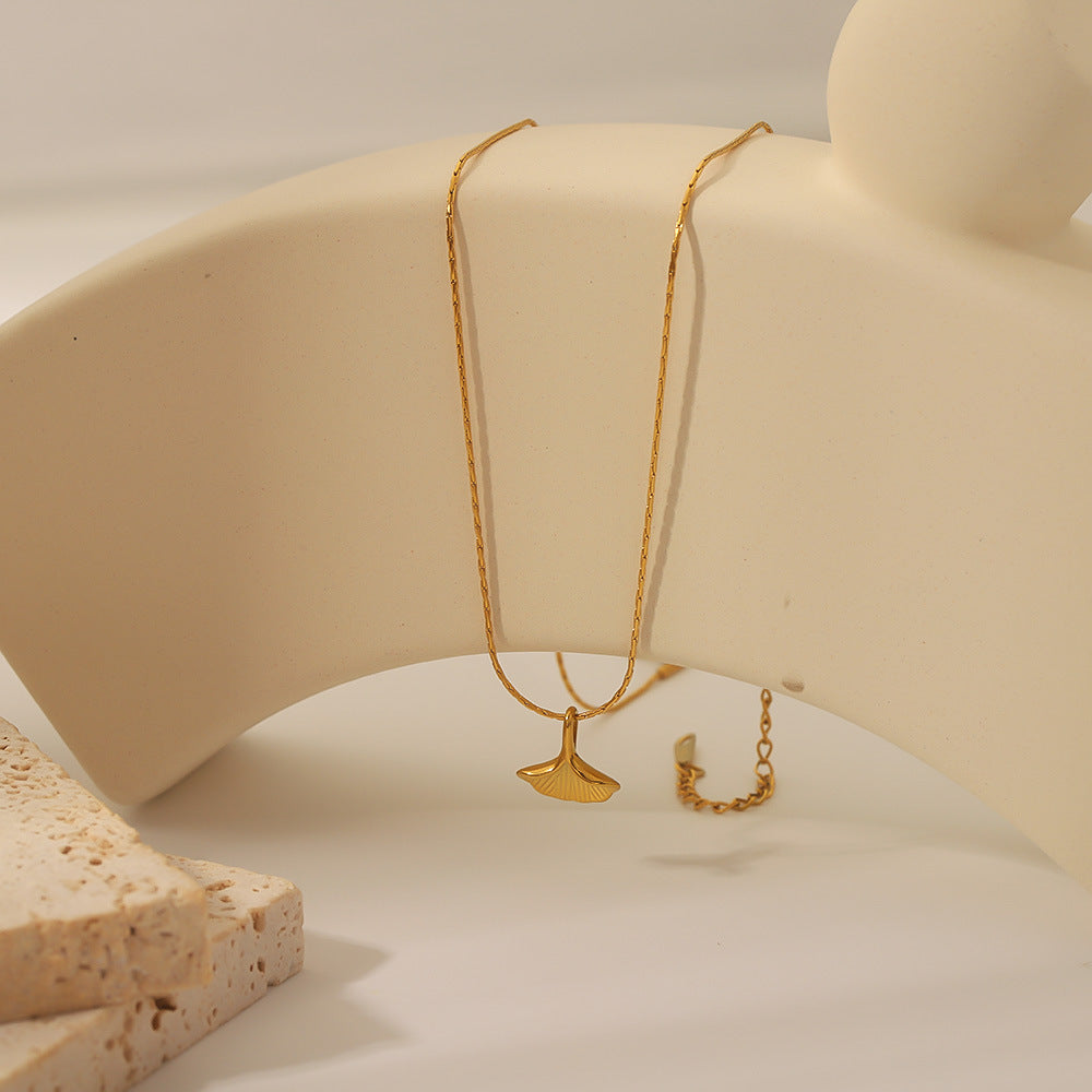 Minimalist Ginkgo Leaf Pendant Necklace in Stainless Steel with 18K Gold Plating on O-Chain for Women