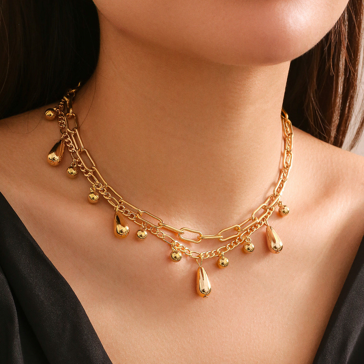 Hip-hop Minimalist Teardrop Plated Iron Pendant Necklace with CCB Resin Charm and Curb Chain for Women