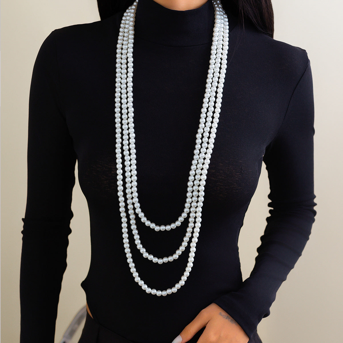 Vintage French-Inspired Multi-Layer Pearl-Style Choker Necklace for Women with Geometric Beads and Ball Chain