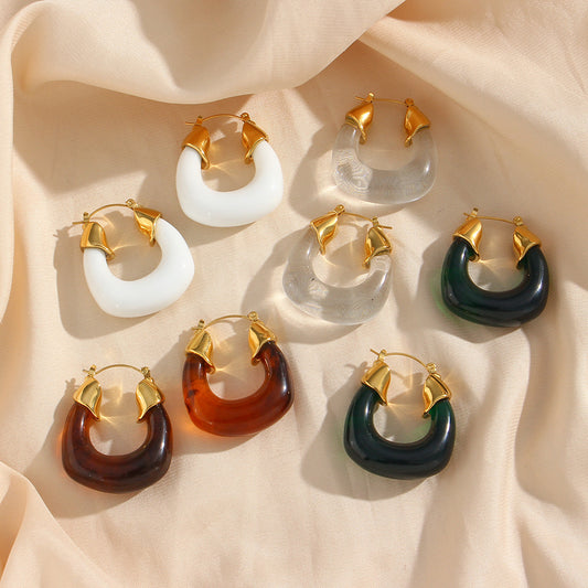 Orecchini a cerchio da donna in acrilico placcati oro, in acciaio inossidabile a forma di U, in stile vintage, con design trasparente e colorato